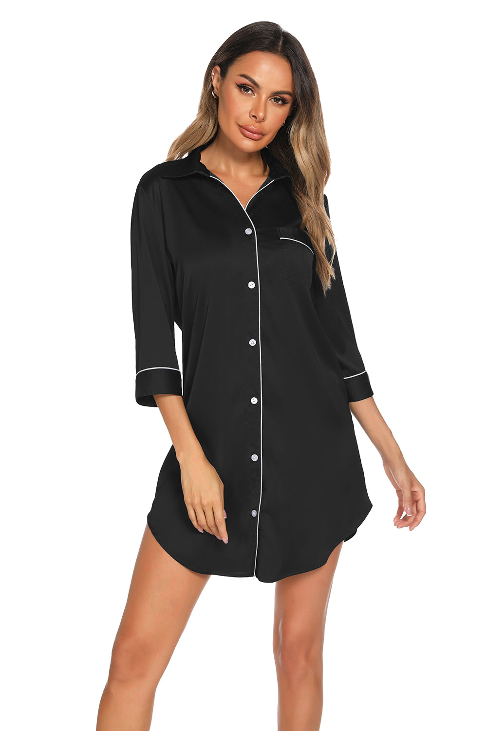 FOX Button Up Collared Neck Night Dress with Pocket