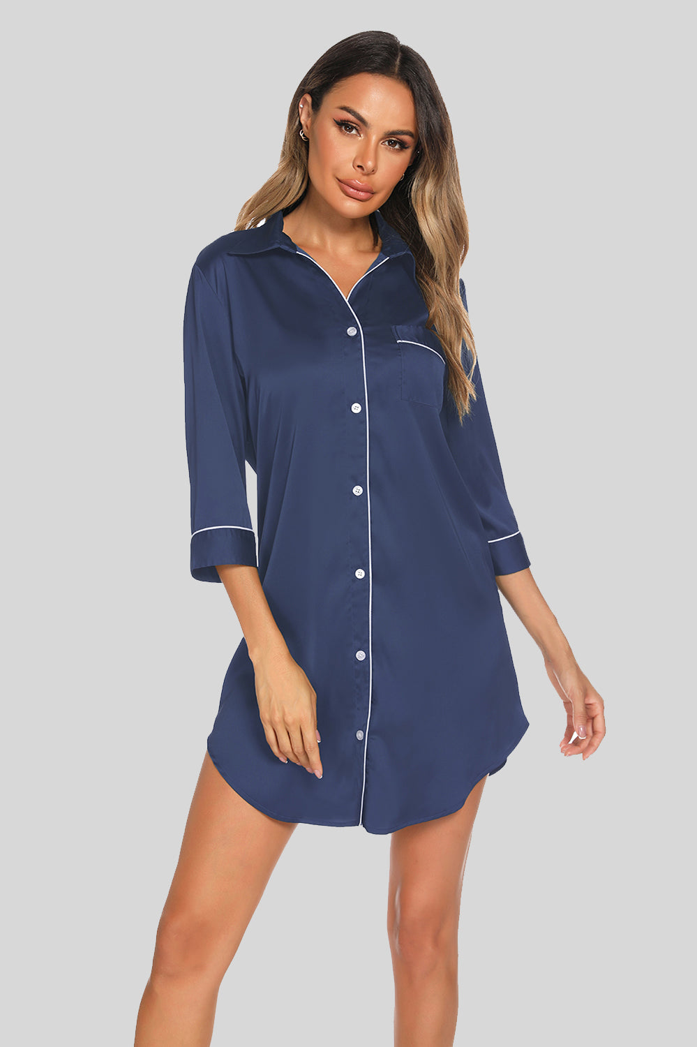 FOX Button Up Collared Neck Night Dress with Pocket