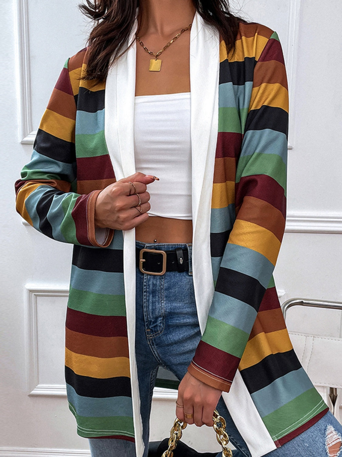 FOX Shiny Color Block Open Front Cardigan