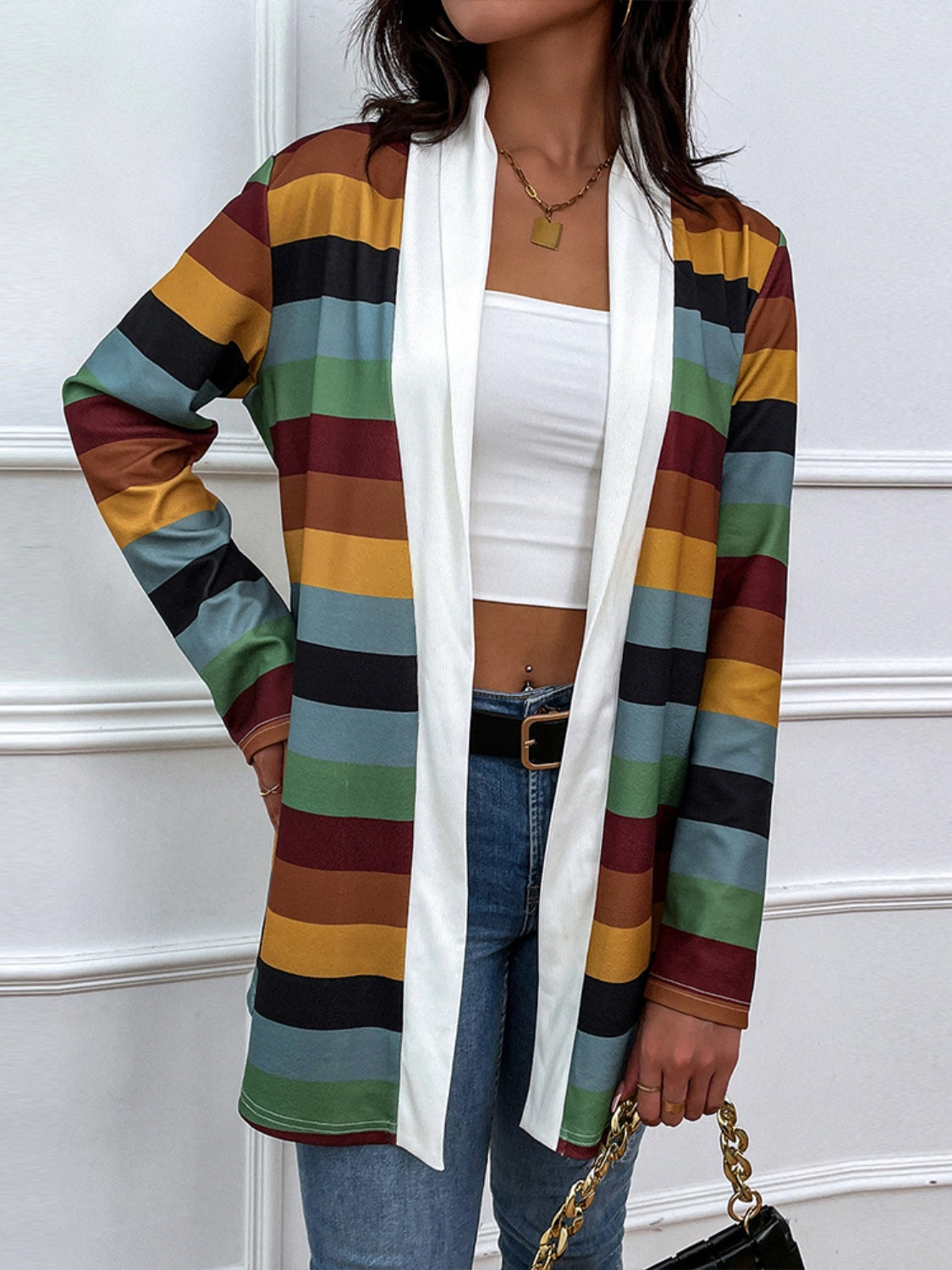 FOX Shiny Color Block Open Front Cardigan