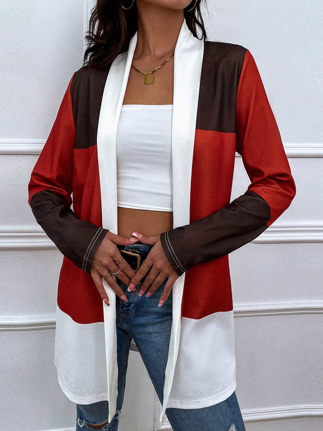 FOX Shiny Color Block Open Front Cardigan