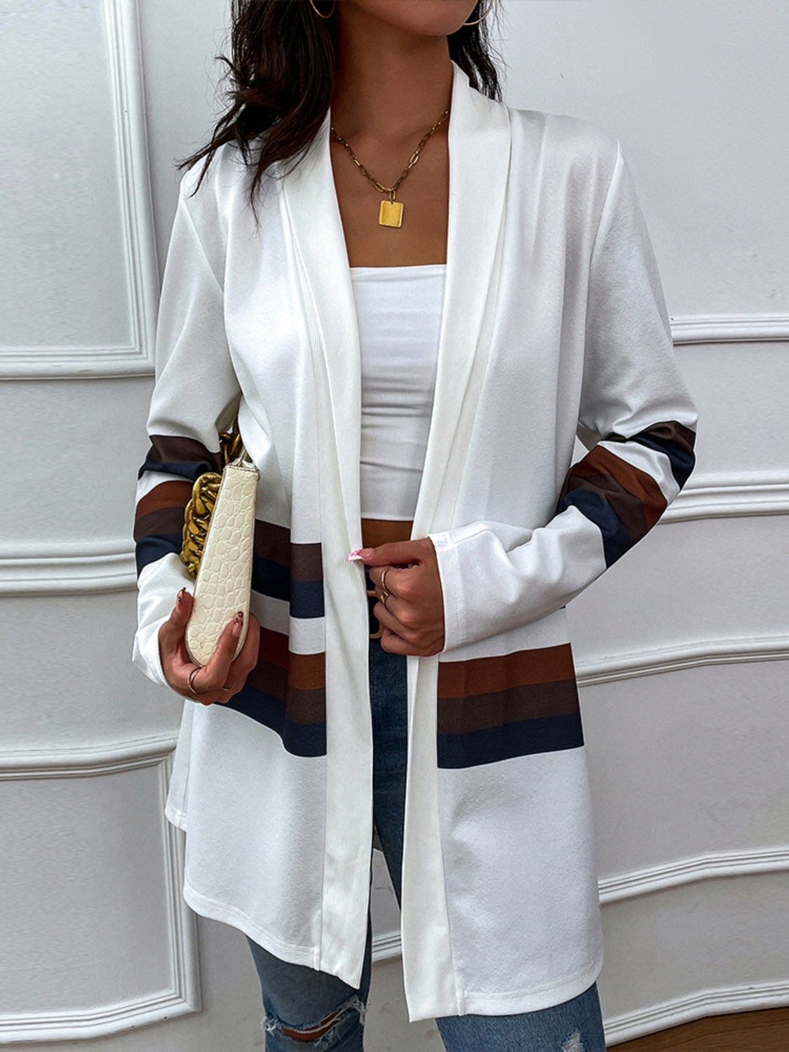 FOX Shiny Color Block Open Front Cardigan