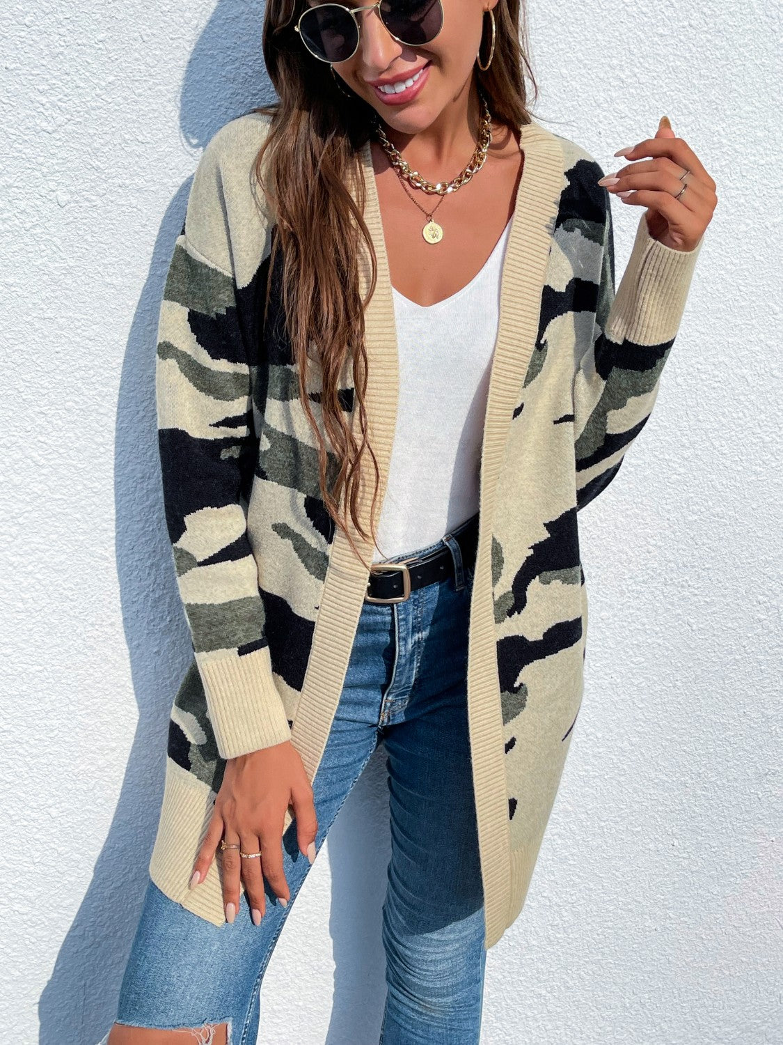 FOX Camouflaged Dropped Shoulder Open Front Cardigan