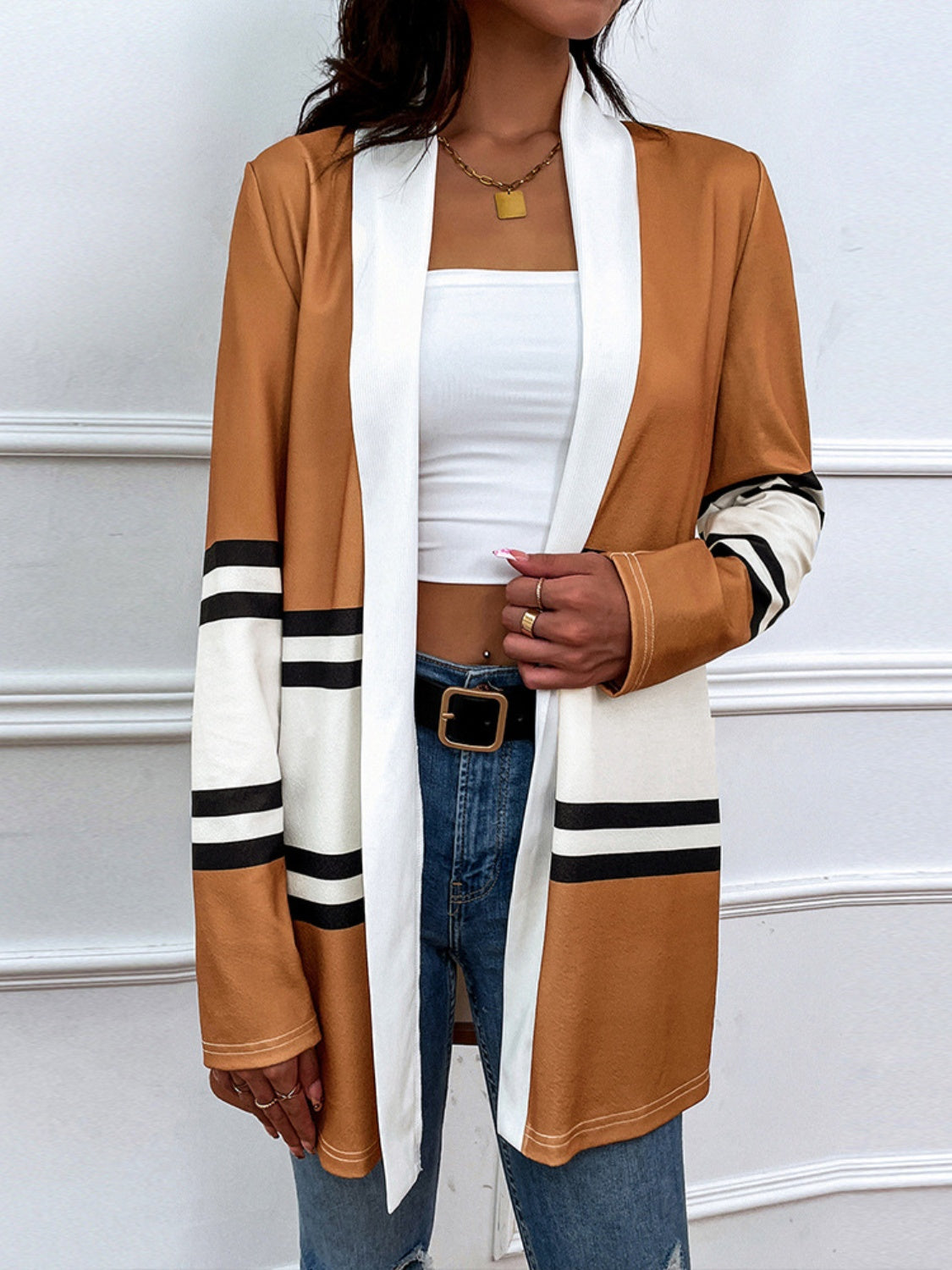 FOX Shiny Color Block Open Front Cardigan