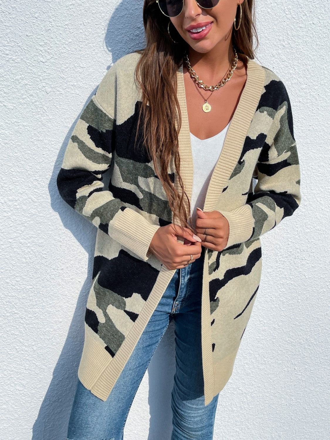 FOX Camouflaged Dropped Shoulder Open Front Cardigan