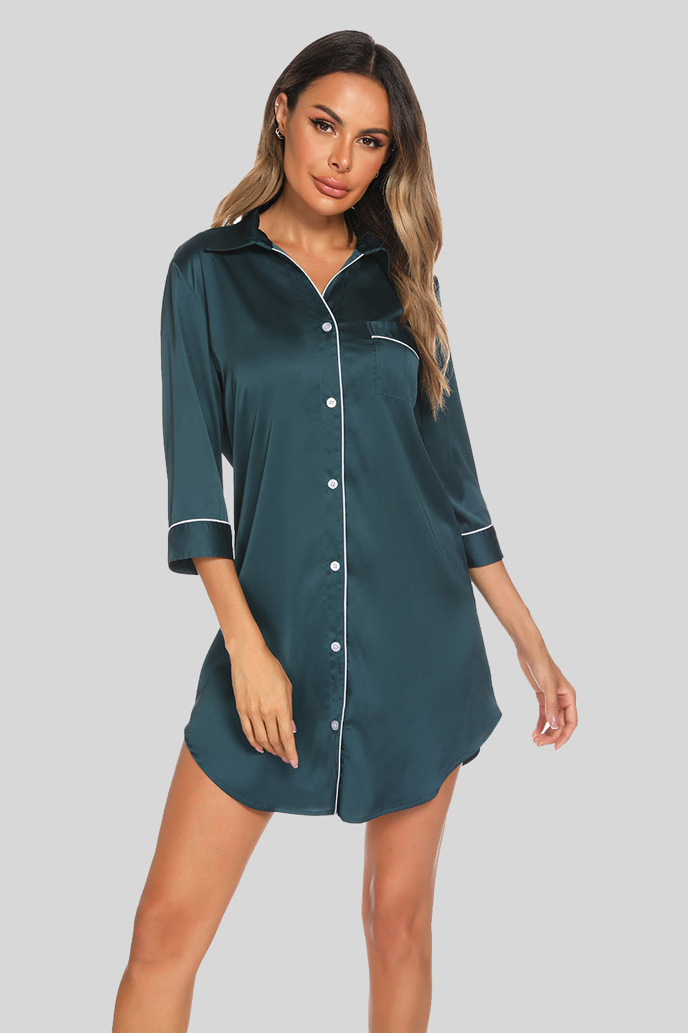 FOX Button Up Collared Neck Night Dress with Pocket