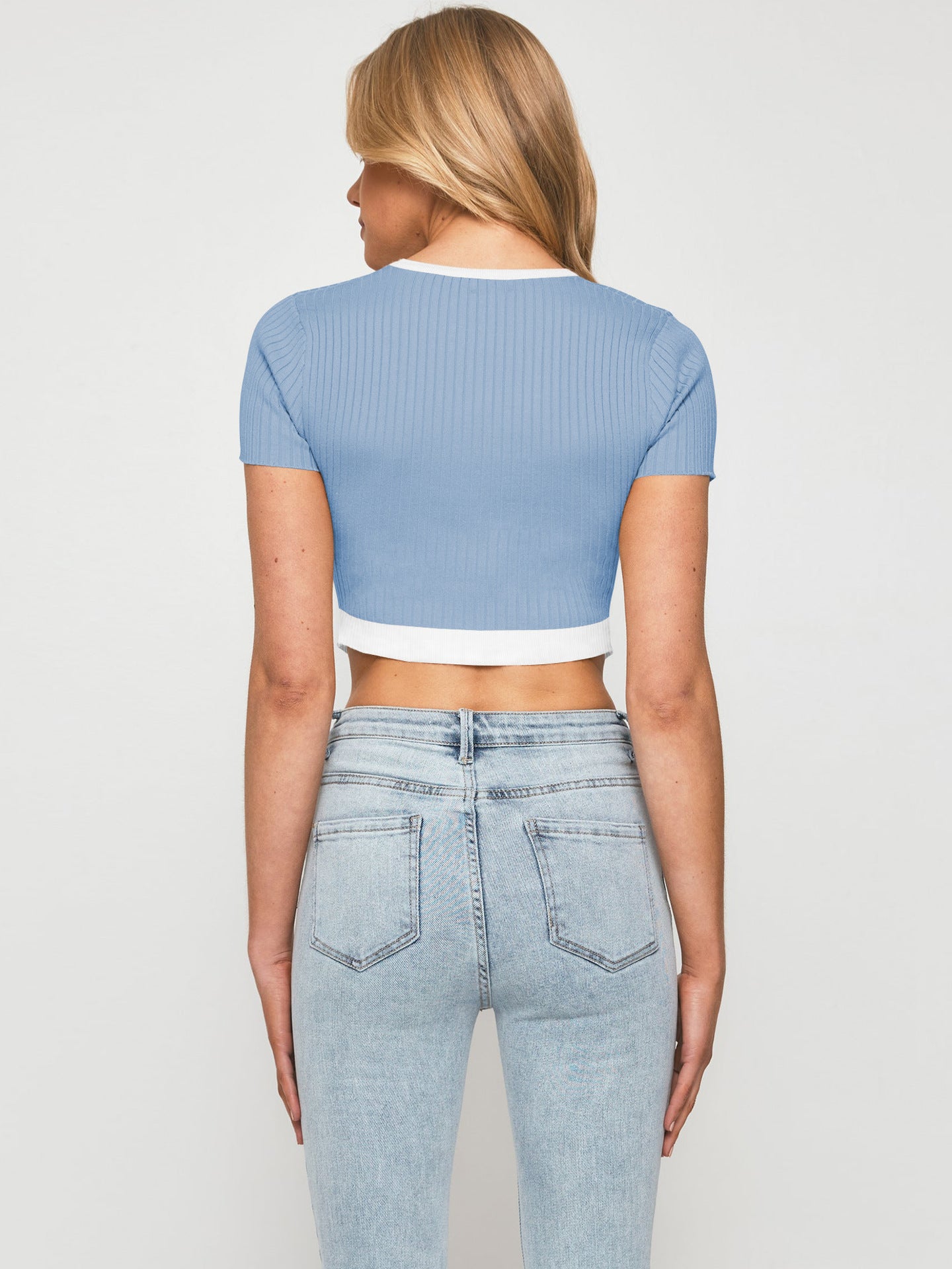 SXY Contrast Trim Pointed Hem Ribbed Crop Top