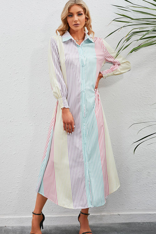 BFX Rainbow Stripe Button-Up Maxi Shirt Dress