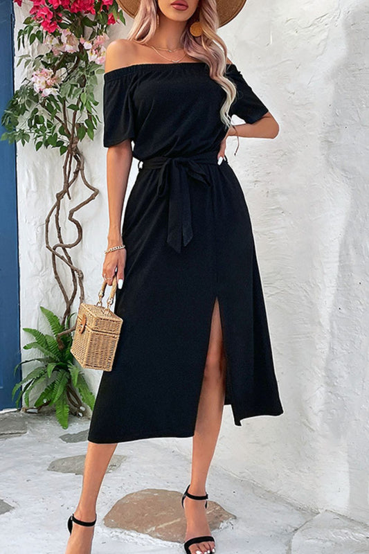 SXY Tie-Waist Off-Shoulder Split Dress