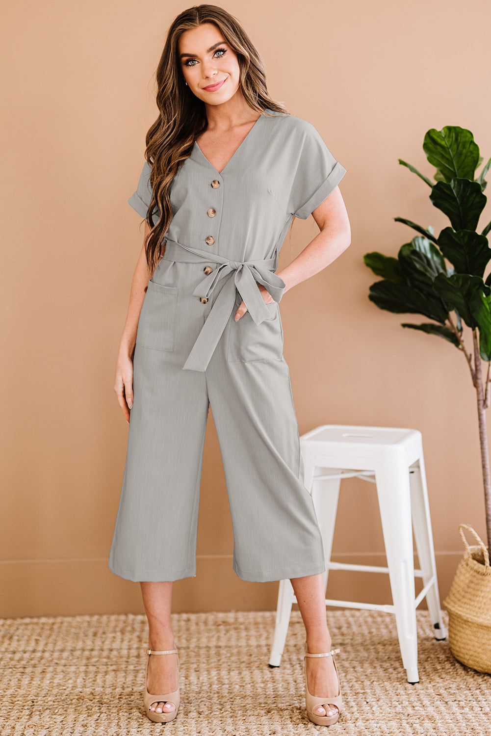 SXY Button Front Belted Cropped Jumpsuit with Pockets