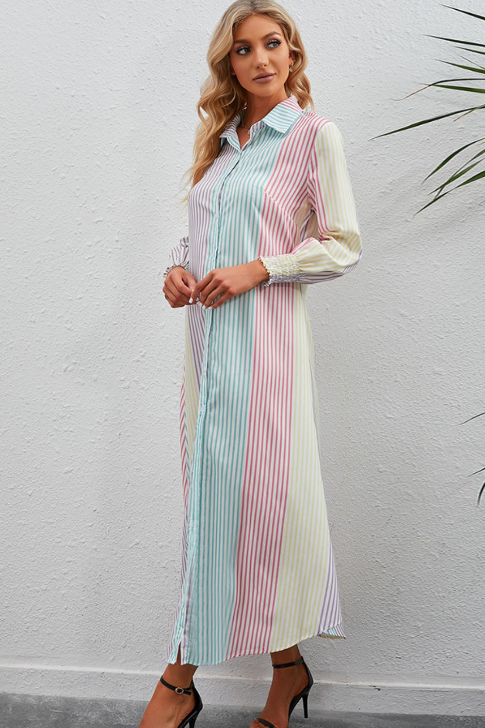 BFX Rainbow Stripe Button-Up Maxi Shirt Dress